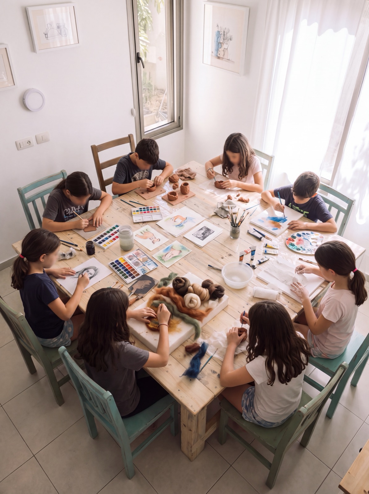 ילדים יוצרים סביב שולחן הסטודיו